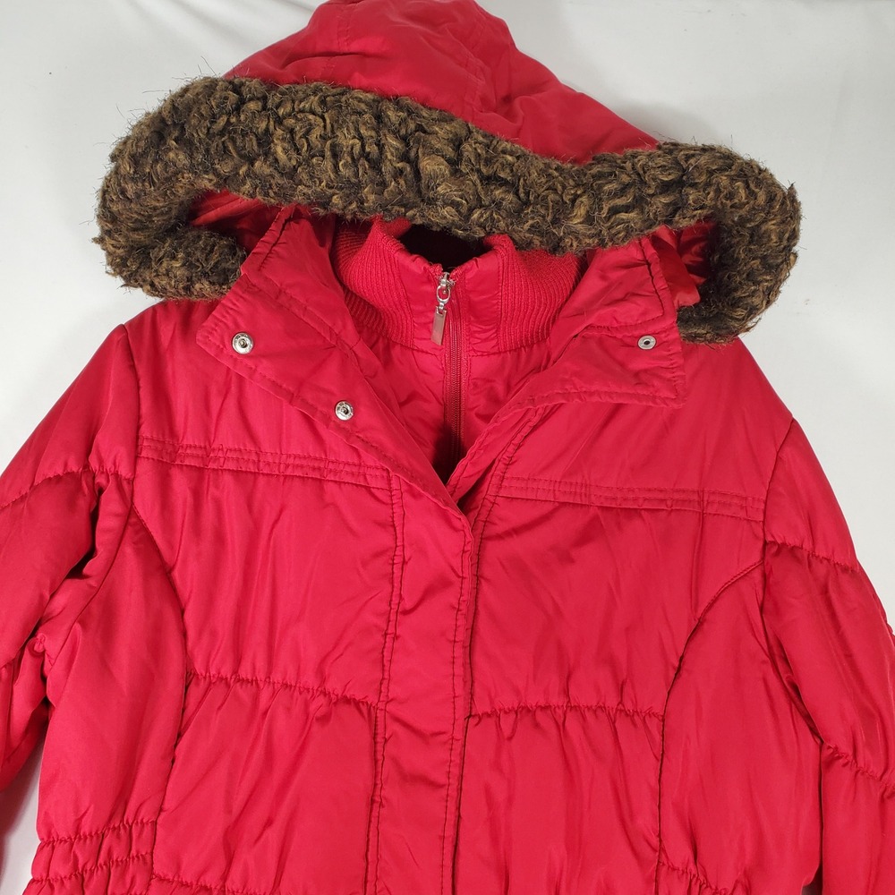 Faded Glory Red Puffer Jacket Faux Fur Trim Hood Womens XL 16-18 Quilted Coat